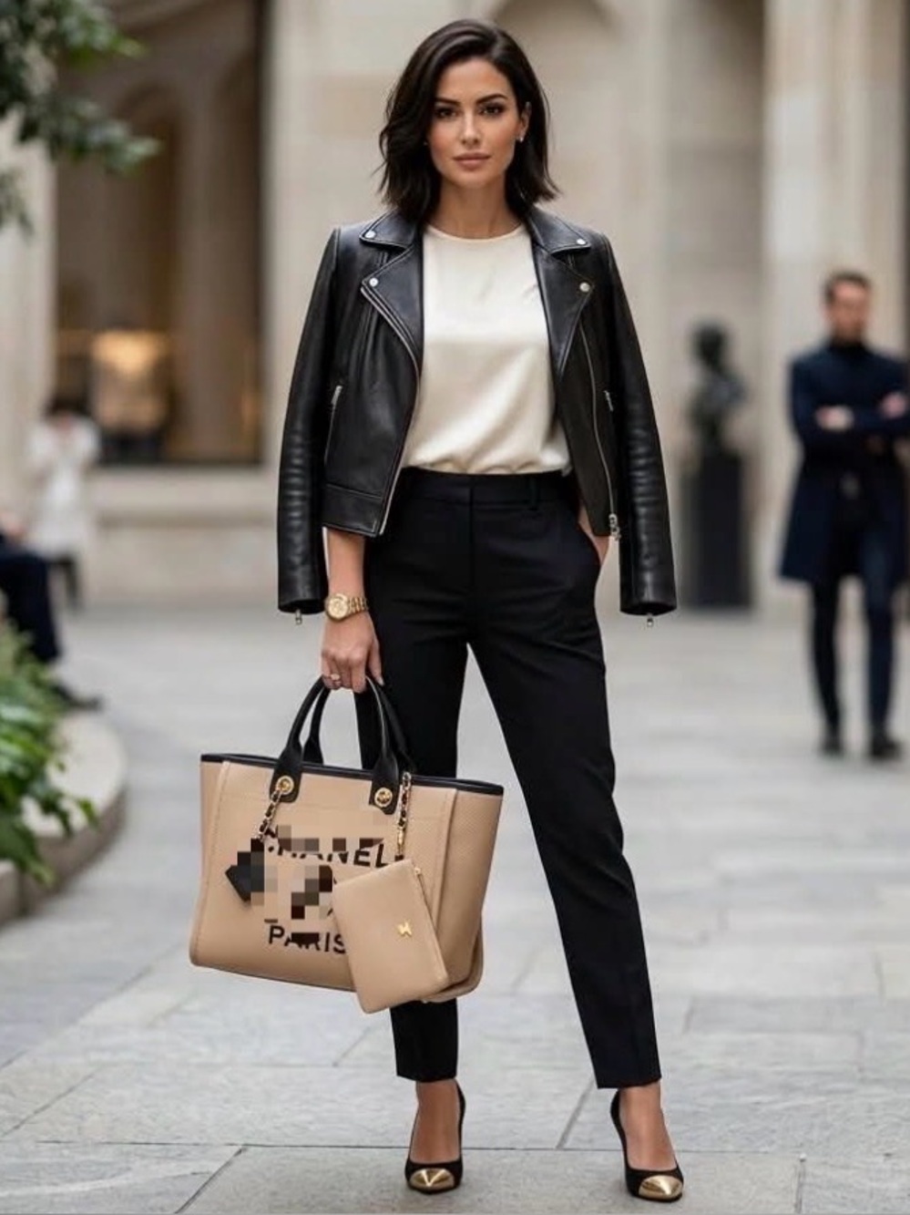 Beige Tote with Black Trim and Gold Chain Handles